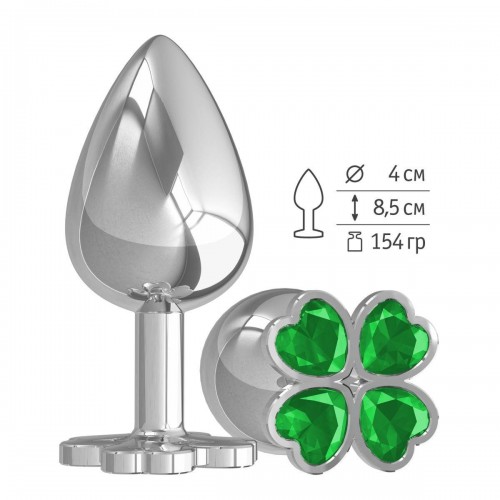 Фото товара: Серебристая анальная пробка-клевер с зеленым кристаллом - 9,5 см., код товара: 539-03 GREEN-DD/Арт.128804, номер 1