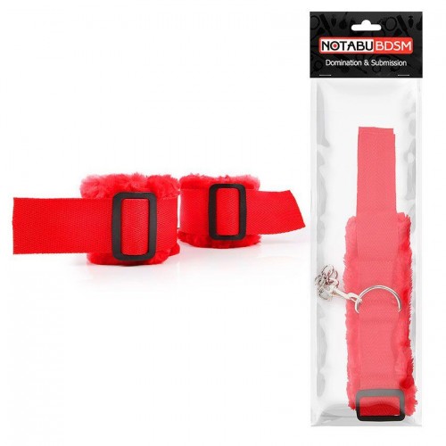 Фото товара: Красные меховые наручники на регулируемых черных пряжках, код товара: NTB-80577/Арт.180435, номер 1