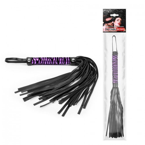 Фото товара: Черная многохвостовая плеть с круглой фиолетовой ручкой-зеброй - 39 см., код товара: NTB-80523/Арт.180482, номер 1