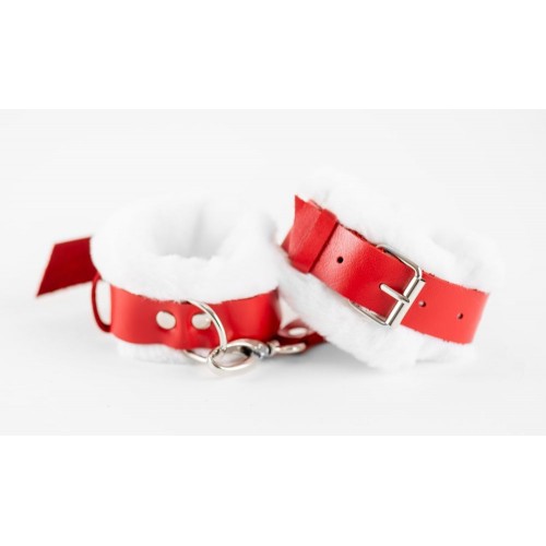 Фото товара: Бело-красные кожаные наручники с нежным мехом, код товара: 20001ars/Арт.223504, номер 3