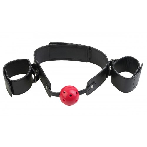 Купить Кляп-наручники с красным шариком Breathable Ball Gag Restraint код товара: PD3935-00/Арт.34900. Секс-шоп в СПб - EROTICOASIS | Интим товары для взрослых 