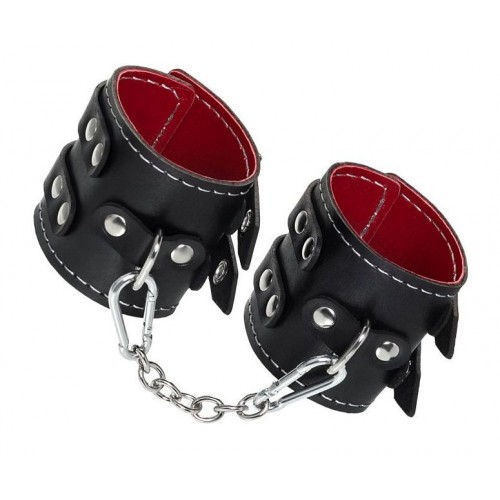 Купить Черные наручники с двумя ремнями и красной подкладкой код товара: 13120 / Арт.284061. Секс-шоп в СПб - EROTICOASIS | Интим товары для взрослых 