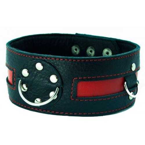 Фото товара: Чёрный кожаный ошейник с красной полосой и кольцами, код товара: 55018ars/Арт.46371, номер 2