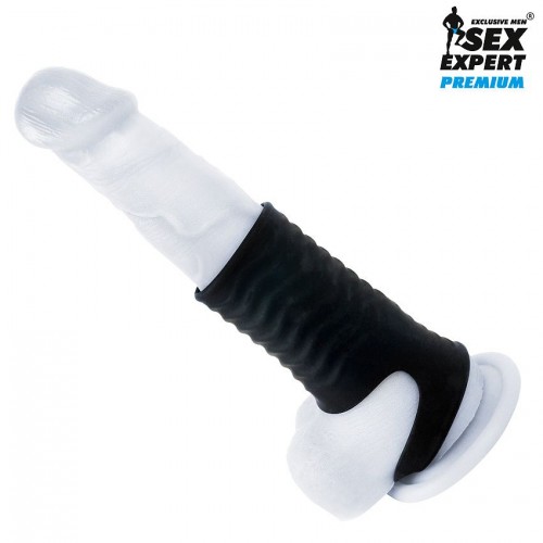 Фото товара: Черная открытая насадка на пенис с кольцом для мошонки XXL-size - 9,4 см., код товара: SEM-55227/Арт.386649, номер 3