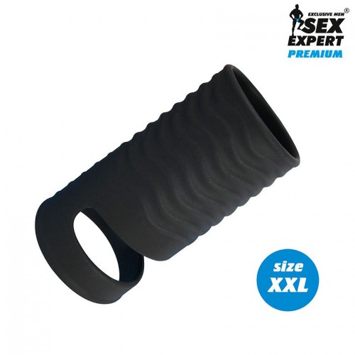 Купить Черная открытая насадка на пенис с кольцом для мошонки XXL-size - 9,4 см. код товара: SEM-55227/Арт.386649. Секс-шоп в СПб - EROTICOASIS | Интим товары для взрослых 