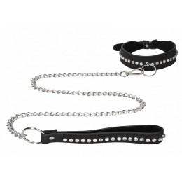 Черный ошейник с поводком Diamond Studded Collar With Leash