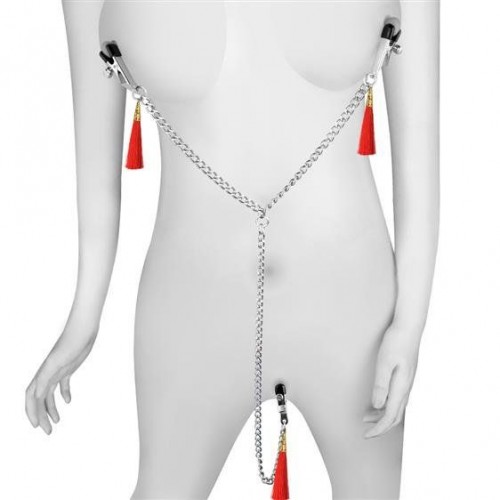 Фото товара: Зажимы на соски и клитор с игривыми красными кисточками Nipple Clit Tassel Clamp With Chain, код товара: LV761010/Арт.397395, номер 2