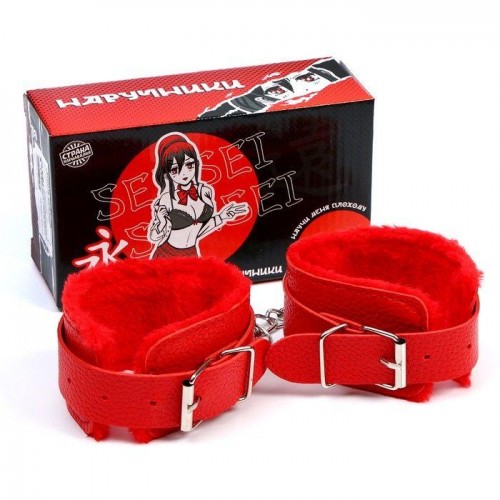 Фото товара: Красные наручники с меховой подкладкой и ремешками, код товара: 9100148/Арт.417637, номер 1