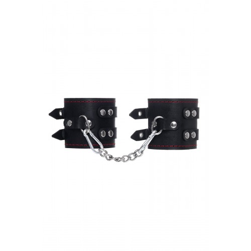 Фото товара: Черные кожаные наручники с двумя ремнями и контрастной строчкой, код товара: 02141/Арт.429936, номер 1