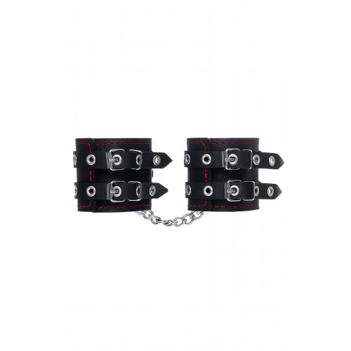 Фото товара: Черные кожаные наручники с двумя ремнями и контрастной строчкой, код товара: 02141/Арт.429936, номер 2