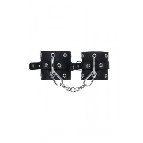 Фото товара: Черные кожаные однослойные наручники с люверсами, код товара: 02161/Арт.429938, номер 1