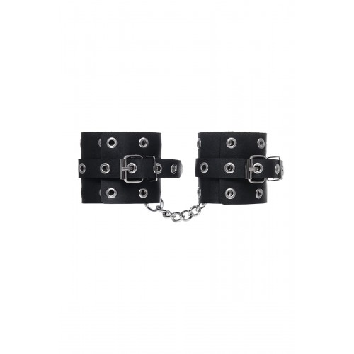 Фото товара: Черные кожаные однослойные наручники с люверсами, код товара: 02161/Арт.429938, номер 2