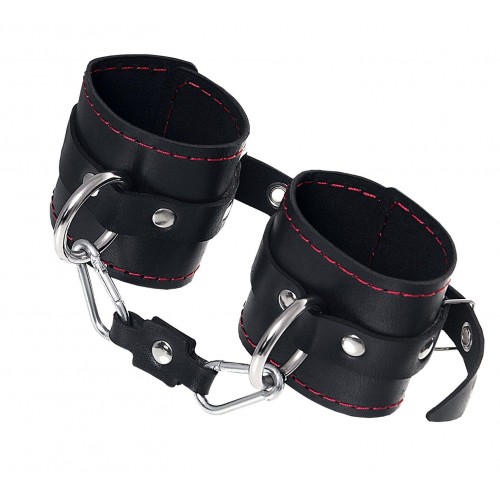 Купить Черные кожаные однослойные наручники с контрастной строчкой код товара: 02171/Арт.429940. Секс-шоп в СПб - EROTICOASIS | Интим товары для взрослых 