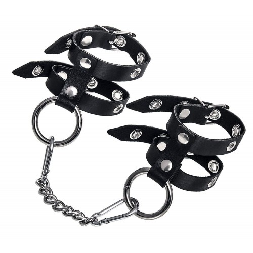 Купить Черные однослойные кожаные наручники из двух ремешков код товара: 02181/Арт.429942. Секс-шоп в СПб - EROTICOASIS | Интим товары для взрослых 