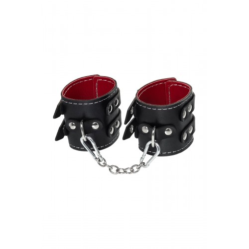 Фото товара: Черные кожаные наручники с двумя ремнями и красной подкладкой, код товара: 02131/Арт.429952, номер 1