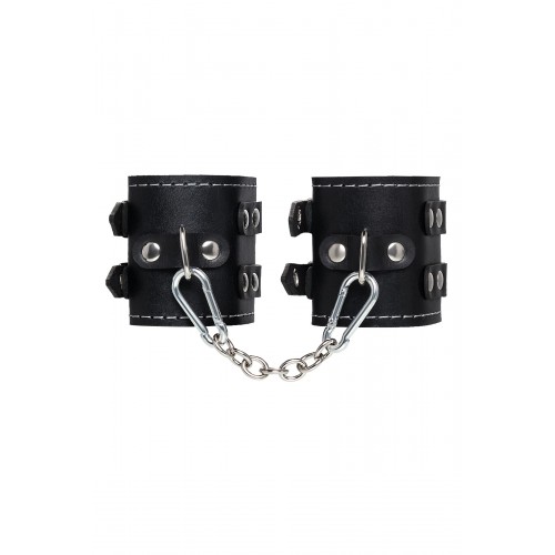 Фото товара: Черные кожаные наручники с двумя ремнями и красной подкладкой, код товара: 02131/Арт.429952, номер 2