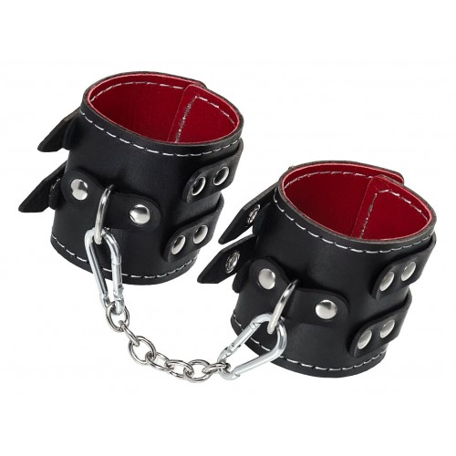 Купить Черные кожаные наручники с двумя ремнями и красной подкладкой код товара: 02131/Арт.429952. Секс-шоп в СПб - EROTICOASIS | Интим товары для взрослых 