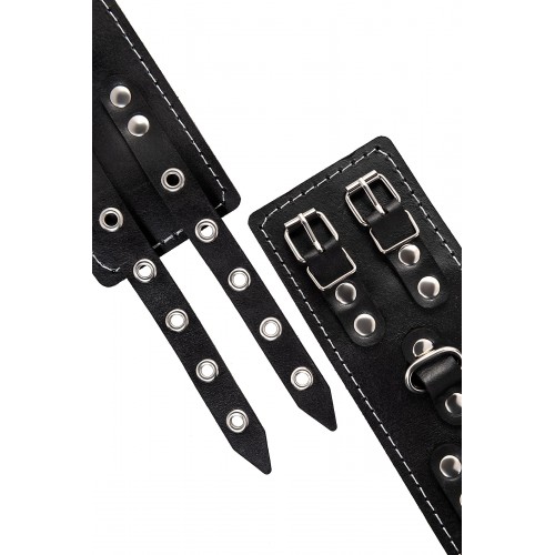 Фото товара: Черные кожаные наручники с двумя ремнями и красной подкладкой, код товара: 02131/Арт.429952, номер 6
