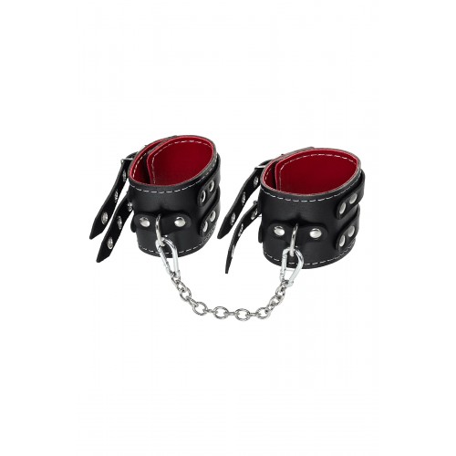 Фото товара: Черные кожаные оковы с двумя ремнями и красной подкладкой, код товара: 02132/Арт.429953, номер 1