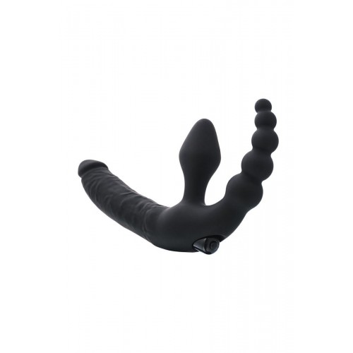Фото товара: Чёрный безремневой страпон с вибрацией и анальным отростком, код товара: 901401-5/Арт.98748, номер 1